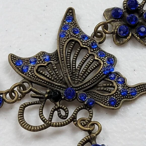 The Wired Bird Bronze Tone Blue Rhinestone Butterfly Charm Necklace/Earrings Set - Picture 2 of 11